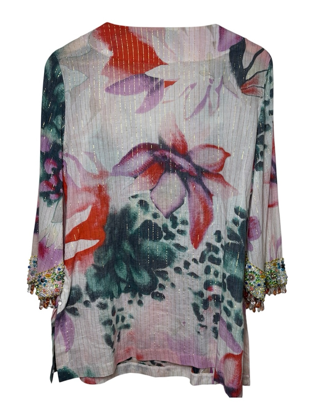 Boston Proper Blouse Top Women Large Beaded Floral Tunic SemiSheer Gypsy Boho - Picture 2 of 9